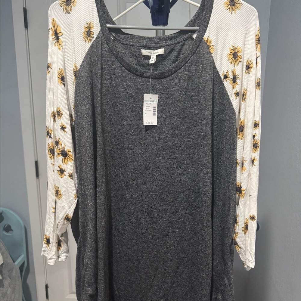 Maurices Charcoal Gray Raglan Top with Sunflower Print Sleeves